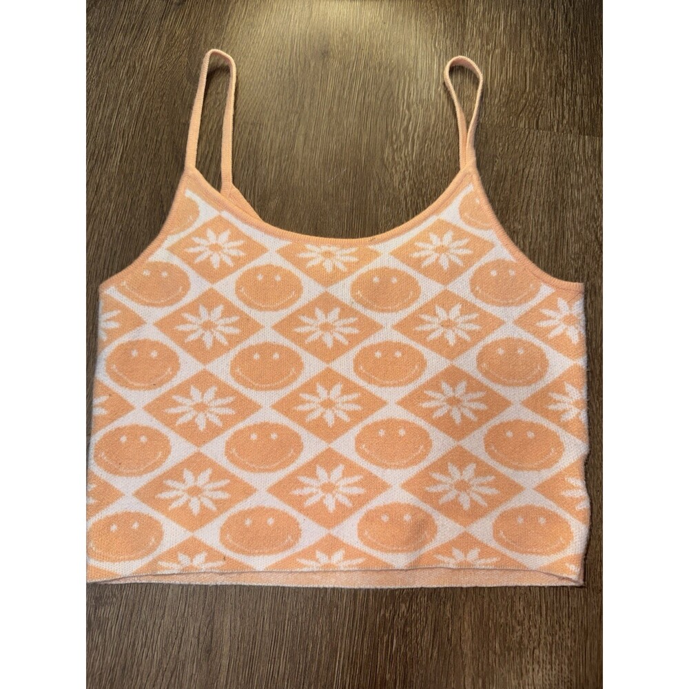 American Eagle Women’s Soft Knit Crop Tank Orange White Floral Smiley Face S